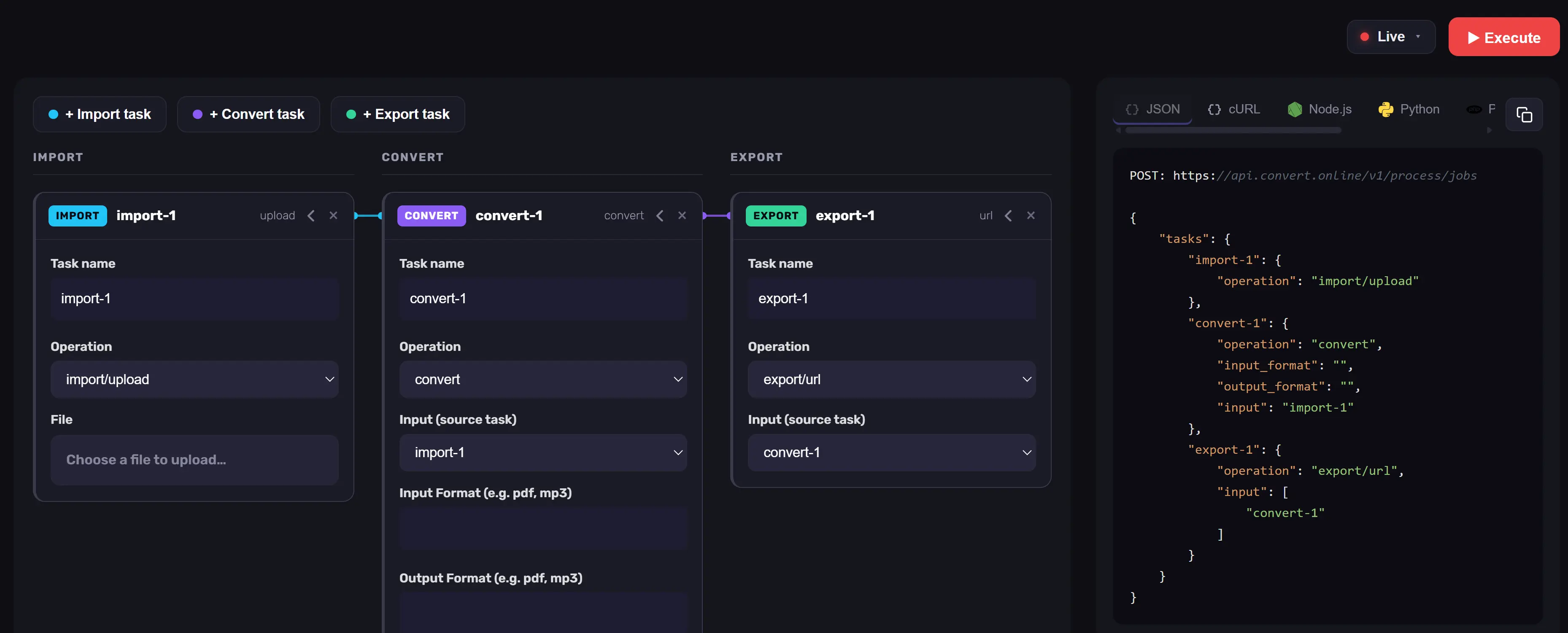 Convert.Online API Job Builder with generated cURL code